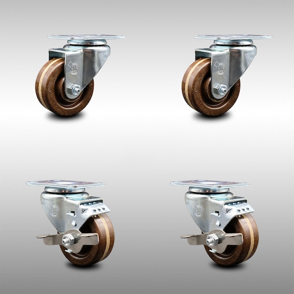 Service Caster 3 Inch SS High Temp Phenolic Swivel Top Plate Caster Set with 2 Brakes SCC SCC-SS20S314-PHSHT-2-TLB-2 - main